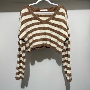 Altar'd State Brown and Cream V-Neck Sweater